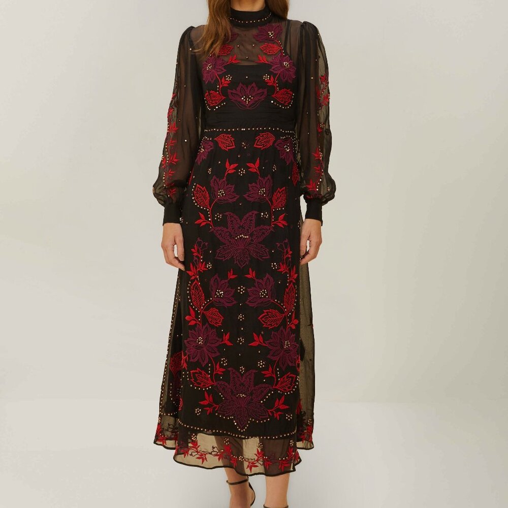 Black Organza Long Sleeve Midi Dress